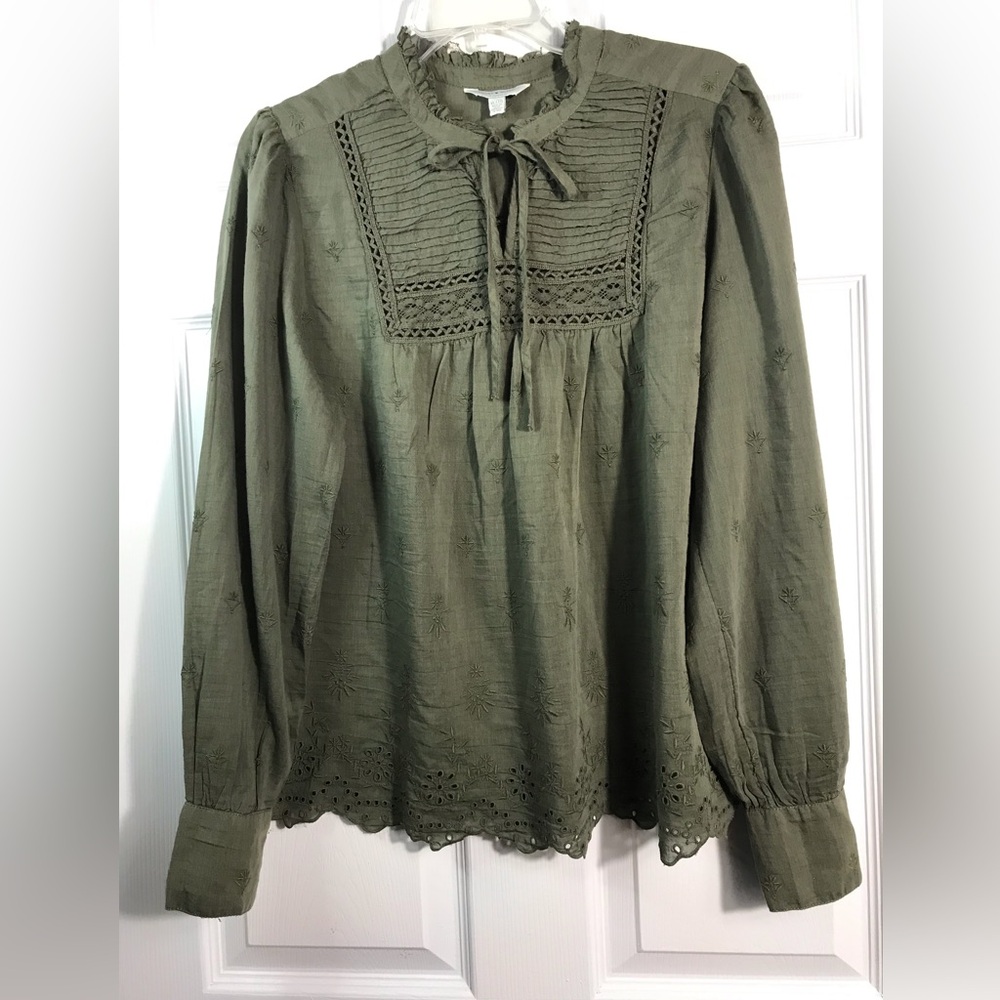 Lucky Brand Olive Green Eyelet Peasant Top XL